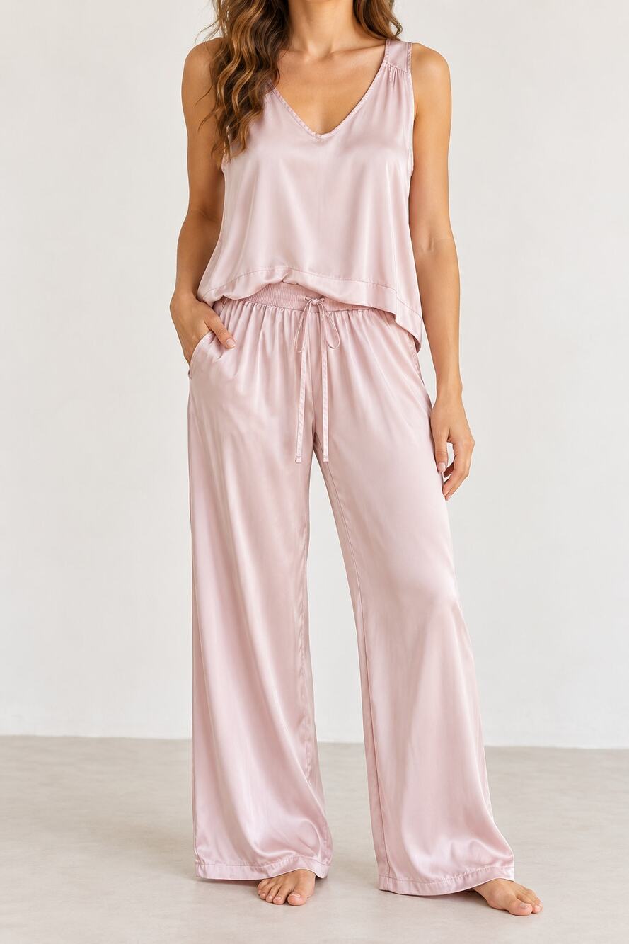 PJ Harlow Jill S Jolie M Blush Silk/Satin blend Pajama Lounge Set USA Wide Leg